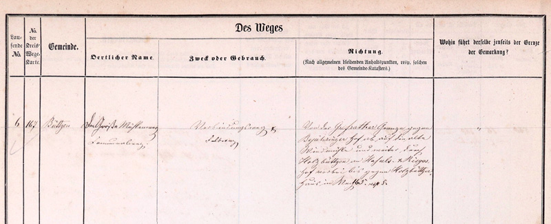 Holzbüttgen, Großer Mühlenweg; Auszug aus dem Wege-Lagerbuch der Gemeinde Büttgen (Stadtarchiv Kaarst Nr. 1.039/2)