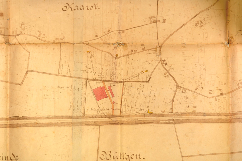 Planung der Düngemittelfabrik Stodiek, hier Ausschnitt aus der bearbeiteten Urkatasterkarte von Kaarst und Büttgen, 1904 (StA Kaarst Zug. Nr. 190/2015 Nr. 395)